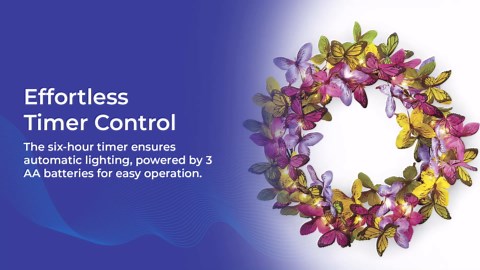 Pre-Lit Butterfly Wreath for Front Door, 18” Spring Summer Wall Decoration, Battery Operated with Timer