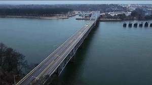 A live look at the O’Neal Bridge in Florence this morning, where ice is beginning to accumulate on bridges and nearby roads. | Alabama Aerial Photography