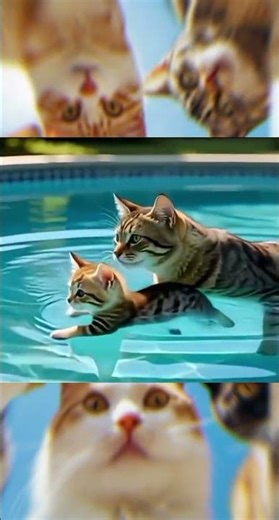 father cat is teaching kitten to swim #cutecat #kitten #kitty #cat