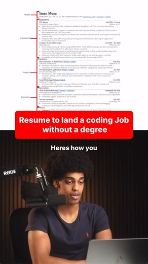 Iman Musa on Instagram: "Resume To Land a Coding Job Without a Degree ✅💻 If you want to land a software engineering job without a computer science degree, your resume needs to be structured the right way. In this video, I break down how to write a developer resume that highlights real skills, real projects, and measurable results — even if you have no formal experience. You’ll learn how to showcase your coding portfolio, position yourself for junior developer roles, and create a resume that get