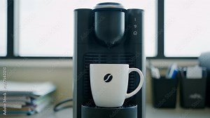 Automatic coffee machine pouring fresh espresso into a white mug with a bean logo on an office desk.