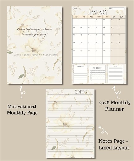 2026 Planner Printable PDF - Monthly and Weekly Planner, Floral & Minimalist Digital Organizer - Etsy