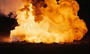A close up of a grenade explosion with a burst of light and surrounding debris.
