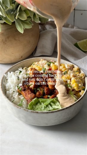 street corn chicken rice bowls w elote dressing 🤤 healthy dinner idea for summer! Recipe below ⬇️