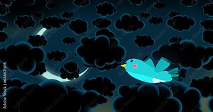 Bird blue cartoon animation character isolated flying at night. Blinking eyes seamless loop cute background. Happy animal giving a concerto during flight. Fairy tales, lullaby, etc...