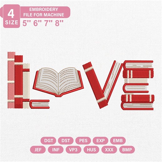 Love Books Embroidery Design | Book Lover Machine Embroidery File | Bookish Valentine Reading Embroidery | Librarian Gift Design - Etsy