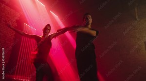 Shooting from below dancing Latin American ballroom dancers pair rotating in tango towards camera. Long fragment of dancing in loft,moving red laser rays. Synchronous legs and arms swings,pirouettes.