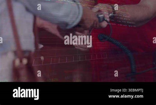 Animation of trading board, graphs over midsection of woman inserting password on credit card reader. Digital composite, multiple exposure, stock market, banking, finance and technology concept Stock Video Footage - Alamy