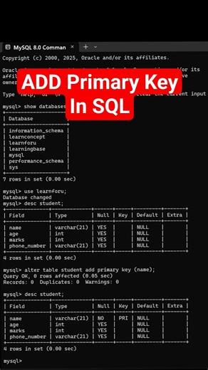 Add Primary Key #sql #database #shorts