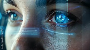 Woman is experiencing augmented reality using an innovative technology that allows her to see digital information overlaid onto the real world through eye recognition