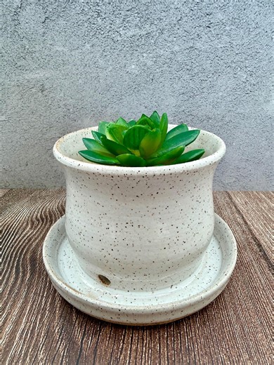 Mini Speckled White Planter - Handmade Plant Pot With Attached Drainage Plate - Etsy