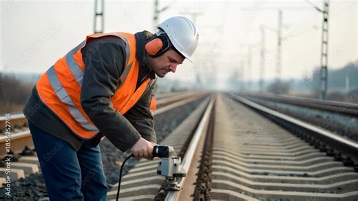 Rail track inspection worker wearing safety helmet high visibility vest using power tool to maintain rail railway inspector measuring rail alignment