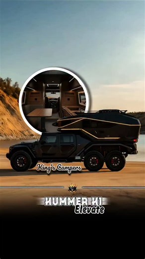King's Campers on Instagram: "Hummer | H1 | “Elevate” – AI digital design ultra-luxury 6x6 overland conversion with a deployable expedition camper, wide-track suspension and heavy-duty a/ts, finished in stealth black with gold accents; exterior packed with roof rack, integrated awning and baja designs lp9 pro lighting up front for extreme night visibility, while inside a premium cabin flows into a warm wood-lined living space with full galley, dinette and upper sleeping loft—built to dominate de
