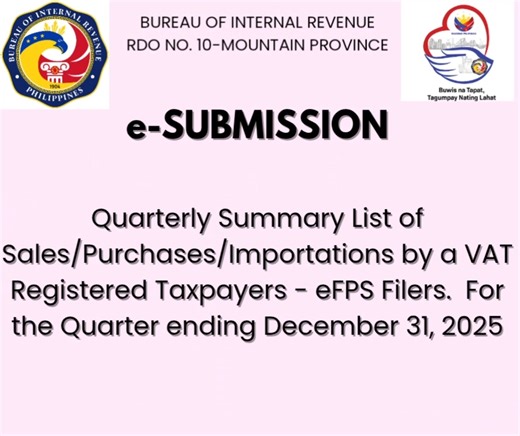 LIST OF DEADLINES!!! 📢 JANUARY 30, 2026🫰🫰🫰🫰 FRIDAY🙂 SUBMISSION Proof of e-Filed BIR Form 1702-RT/1702-EX/1702-MX with Audited Financial Statements (AFS), 1709 (if applicable), and Other Attachments through Electronic Audited Financial Statements (eAFS). Fiscal Year ending September 30, 2025 Soft Copies of Inventory List and Schedules stored and saved in DVD-R/USB properly labeled together with a Notarized Sworn Declaration. Calendar Year ending December 31, 2025 e-SUBMISSION Quarterly Summ