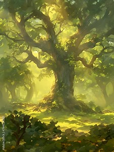 A painting of a very large tree in a forest with long branches and green leaves. The sun is shining through the leaves. There is a small clearing around the tree with green grass and a few small rocks