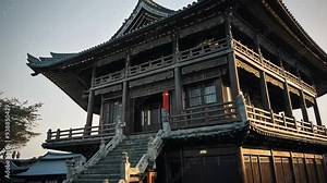 Video footage of traditional Japanese building a temple,wooden architecture with multi tiered, curved roofs and intricate carvings