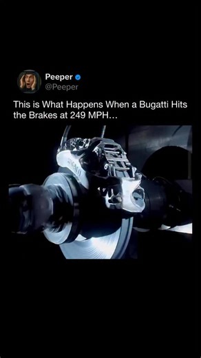 PEEPER on Instagram: "This clip shows what happens when a Bugatti decelerates from nearly 250 mph, where braking becomes an extreme engineering challenge. At these speeds, the brakes must convert enormous kinetic energy into heat in just seconds. Bugatti uses massive carbon-ceramic brake discs, multi-piston calipers, advanced aerodynamics, and active rear wings that act as air brakes to increase drag and stability. Together, they allow the car to slow down safely without losing control. It’s imp