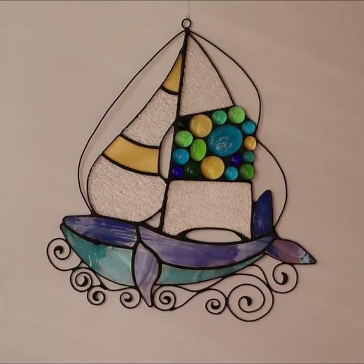 Blue Whale Ship, Stained Glass Suncatcher by Mr.Hi!