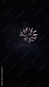 Vertical video of variety of fireworks slowly taking off and exploding in the night sky. Real luxury pyrotechnic show with huge sparkling balls and shining sparks on black background.
