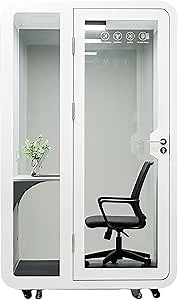 Solo Office Pod, Sound Pod, Mobile Office Pod Booth, SoundProof Booth for Home, Privacy pod, Mobile Roller with Desk, LED Light, Centrifugal Fans and AC USB Ports - White