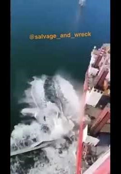 Wind turbine blades and parts collapsed into water