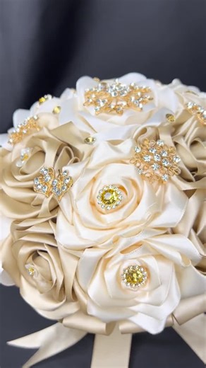 Champagne and Ivory Rose Bouquet Handmade Satin Ribbon Flower Ramo Gold and Rhinestone Pendants Mis Quince Sweet 16 - Etsy