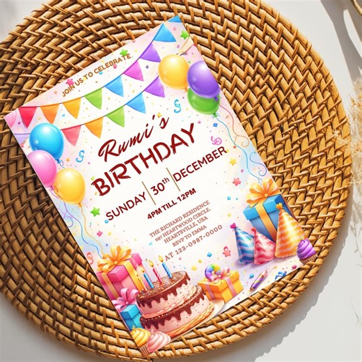 Colorful Kids Birthday Party Invitation Template | Balloons & Bunting (printable Card) - Etsy