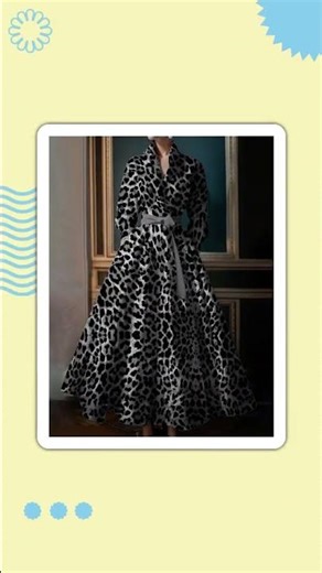 Elegant Leopard Dress for Women Pleated A-Line Dress with Belt Turn Down Collar Evening Long Slee...