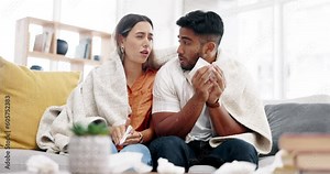 Sick couple, flu and sneeze of nose for cold, allergies and winter virus in living room at home. Man, woman and sneezing for health problem, covid risk and allergy of sinusitis, infection and disease