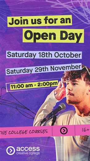 Join us at our open days in October and November, where you can: -Tour our state-of-the-art studios -Meet our expert tutors & students -Discover how our degrees prepare you for real-world careers Reserve your place today! | Access Creative College