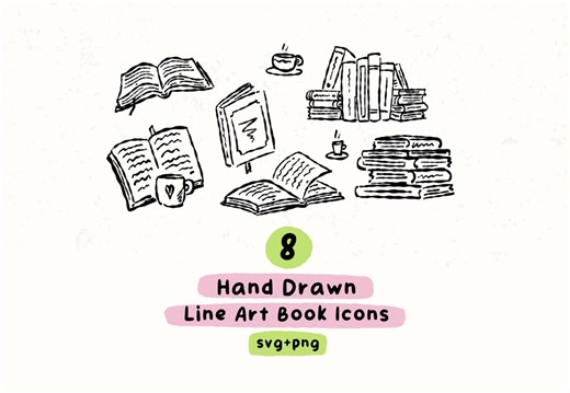 Handgezeichnete Buch Symbole, 8 Line Art Book Doodles, Lesung & Bibliothek Clipart PNG SVG - Etsy.de