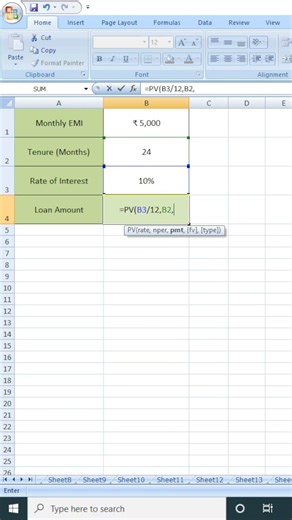 Calculate Loan Amount from EMI in Excel | PV Formula #excel #spreadsheetmagic