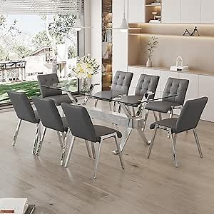 78" Modern Glass Dining Table Set for 6-8，Glass Kitchen Table and Chairs，Glass and Silver White Metal Dining Table with Armless Soft Backrest Dining Chairs，Suitable for Home and Office (8, Grey)