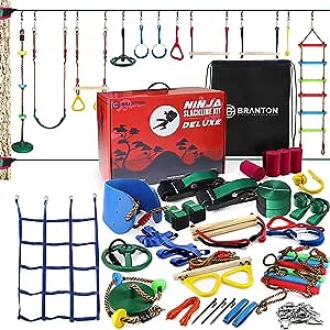 B BRANTON Ninja Obstacle Course for Kids - 2 X 65FT Ninja Kit with Many Accessories for Kids (Inc Trapeze Swing and Ninja Wheel)
