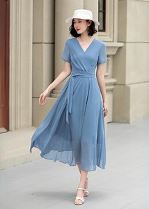 Chiffon Dress, Summer Woman Wrap Dress, Short Sleeve V Neck Chiffon Dress, Swing Chiffon Dress With Belted, Midi Wrap Dress, Xiaolizi 5206 - Etsy
