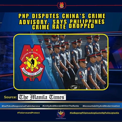 PNP disputes China's crime advisory, says Philippines crime rate dropped Source: https://www.manilatimes.net/2025/09/02/news/national/pnp-disputes-chinas-crime-advisory-says-philippines-crime-rate-dropped/2176997 THE Philippine National Police (PNP) on Monday downplayed China’s security advisory for its citizens that the country’s crime situation is worsening. PNP Public Information Chief BGen. Randulf Tuaño said the number of crime incidents has actually dropped, from 26,969 for January to Augu