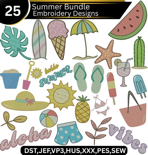 Summer Embroidery Bundle, Beach Embroidery Designs Pack, Tropical Machine Embroidery Files, Ice Cream Surf Sun Cute Icons Set - Etsy
