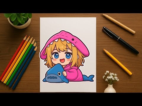 "How to Draw Cute Chibi Girl in Shark Hoodie 🦈💕 | Easy Anime Drawing Tutorial"
