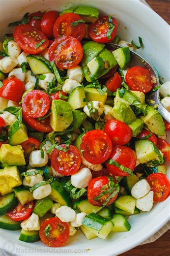 473K views · 8.9K reactions | Such a refreshing and satisfying salad, you’ll be making this on repeat! RECIPE: https://natashaskitchen.com/tomato-cucumber-mozzarella-salad/ | NatashasKitchen.com | Facebook
