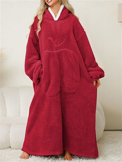 Women's Loungewear Nightgown Onesie Warm Plush Fruit Pocket Home Long Sleeve Crew Neck Red Khaki Dark Blue Gray Fall Winter Tailored Fit 2025
