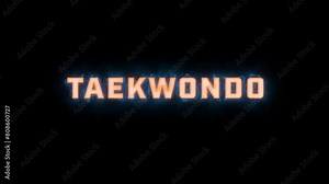 A short high quality motion graphic typographic reveal of the words "taekwondo" with various colour options on a black background, animated in and animated out with electric, misty elements.