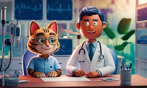 Friendly Cartoon Doctor and Cat in Medical Office for Healthcare Animation