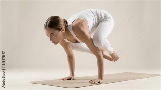 Woman practicing advanced crane pose yoga with balance and core strength training