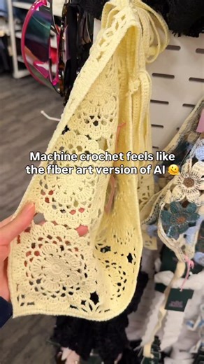 petpet on Instagram: "Why does “machine crochet” feel so OFF ☠️ every time I see it I hate ittt, it gives me the same feeling as AI generated art 😭 as a crocheter I guess I notice these things and it just looks so weird to me 😂 **No machines can’t “crochet”, however, these pieces are advertised as “machine crochet” when it’s really machine knitted or embroidered #crochet #crochetersofinstagram #aiart #crochetlove #fyp"