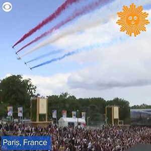 3.7K views · 357 reactions | Jets painted red, white, and blue streaks in the sky over Paris to celebrate the upcoming 2024 Summer Olympics. On Sunday, thousands of people waved French flags in front of the Eiffel Tower to celebrate Tokyo handing off to Paris. https://cbsn.ws/3Am5ta2 | CBS Sunday Morning | Facebook