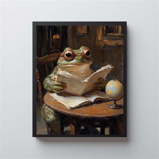 Vintage Frog With Spectacles Art - Rustic Storybook Decor, Earthy Scholarly Frog, Painterly Frog Reading on Wooden Table, Printable Download - Etsy