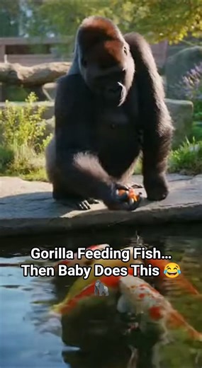 Gorilla Feeding Fish… Then Baby Does This 😂🦍