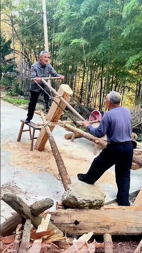 Old Craft in the Countryside: Two Grandpas Use Traditional Tools to Saw Wood, Skilled and Coordinate