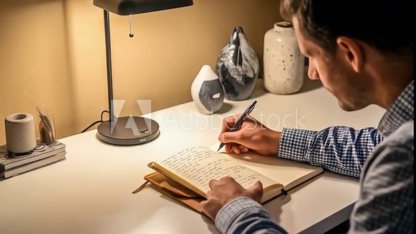 Man writing notes in a journal at a desk illuminated by a warm lamp