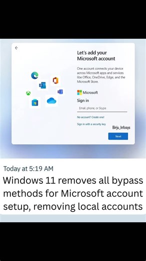Microsoft Locks You In: No More Local Accounts on Windows 11! 🚫🖥️ Windows 11 has officially removed all bypass methods for skipping Microsoft account setup meaning local accounts are no longer an option during installation. Now, you're forced to sign in with a Microsoft account to set up your PC even for Home and Pro editions. This change is raising serious concerns about privacy, control, and user freedom. 🛑 No offline setup 🔐 Mandatory Microsoft login 💬 Is this the end of personal control
